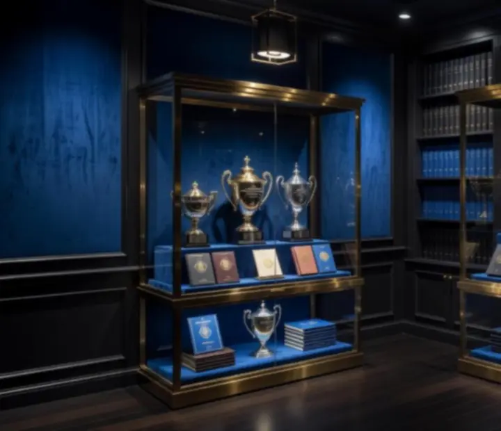 Salle d'archives de tournois physiques avec coffres et écrans de statistiques