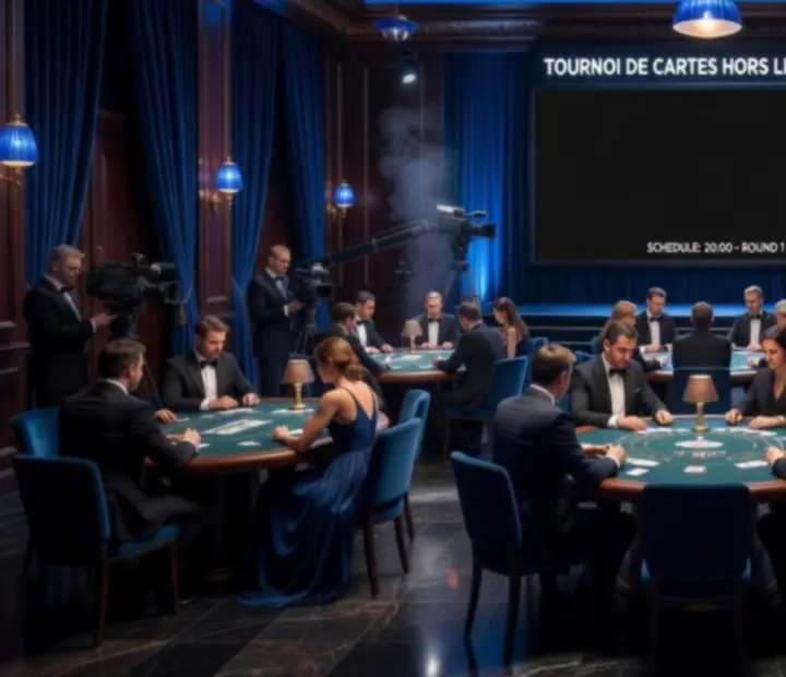 Scène de tournoi de cartes en France avec caméras de diffusion
