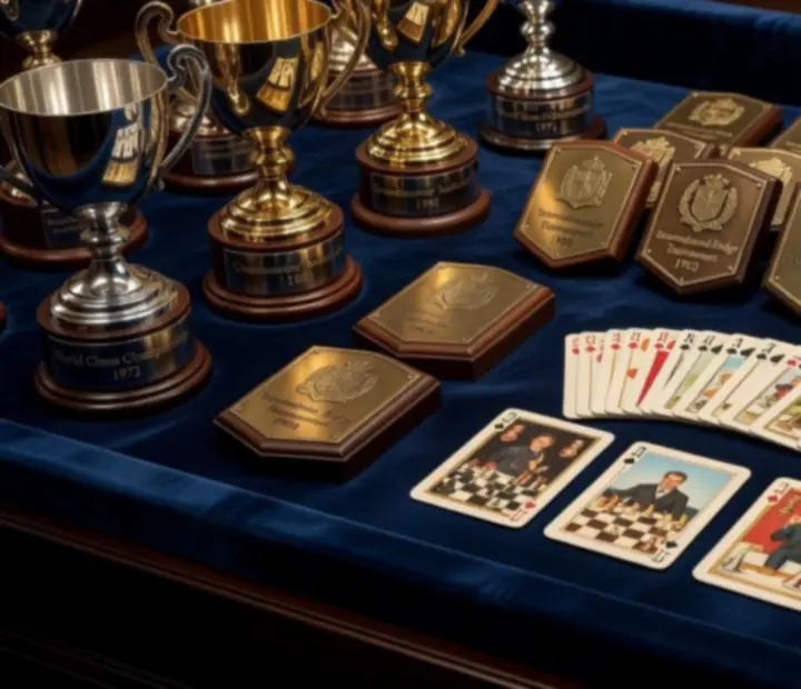 Collection de trophées et objets historiques liés aux tournois de cartes physiques
