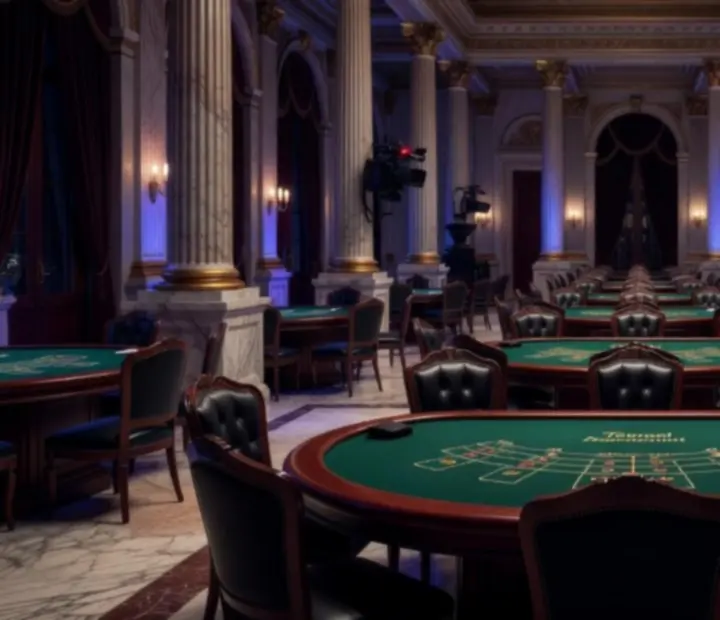 Salle de casino française illuminée prête à accueillir un tournoi de cartes