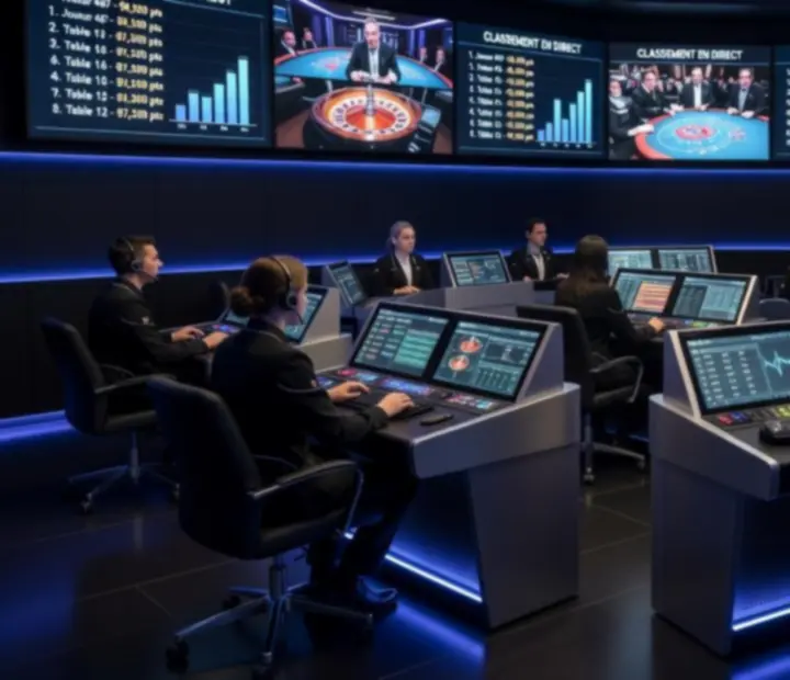 Mur d’écrans affichant un flux de mises à jour de leaderboard pendant un tournoi de cartes live
