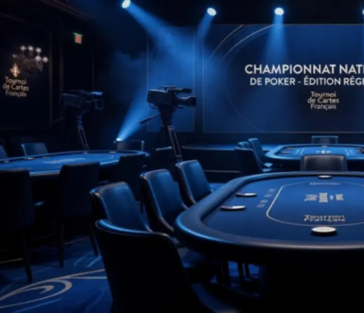 Scène de tournoi physique avec table de cartes, éclairages et caméras de captation en club
