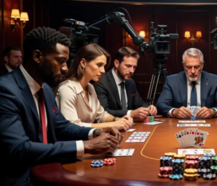 Joueurs concentrés autour d'une table de tournoi dans un casino terrestre