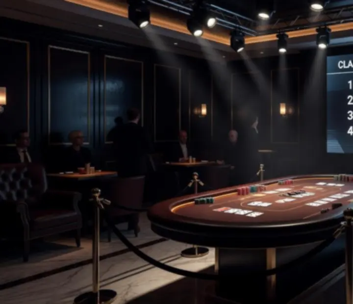 Scène de tournoi de cartes hors ligne avec écrans de leaderboard lumineux